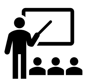 Icon of a teacher pointing at a board in front of three students.